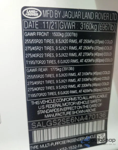 2022 Land Rover Range Rover Westminster Edition z USA, uszkodzony, nr VIN SALGS2SE6NA470136